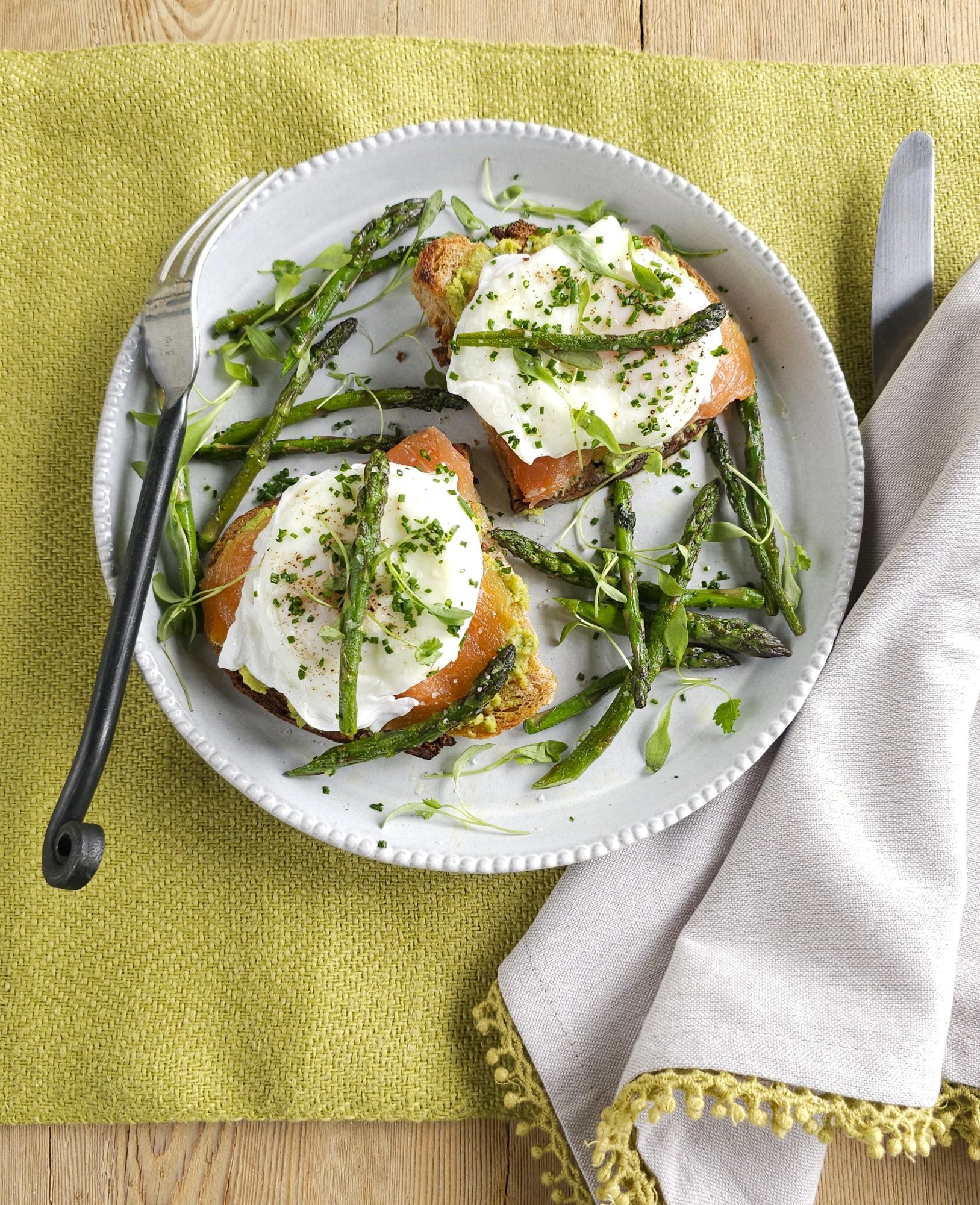 Poached Eggs on Fava Bean Toast with Asparagus and Smoked Salmon