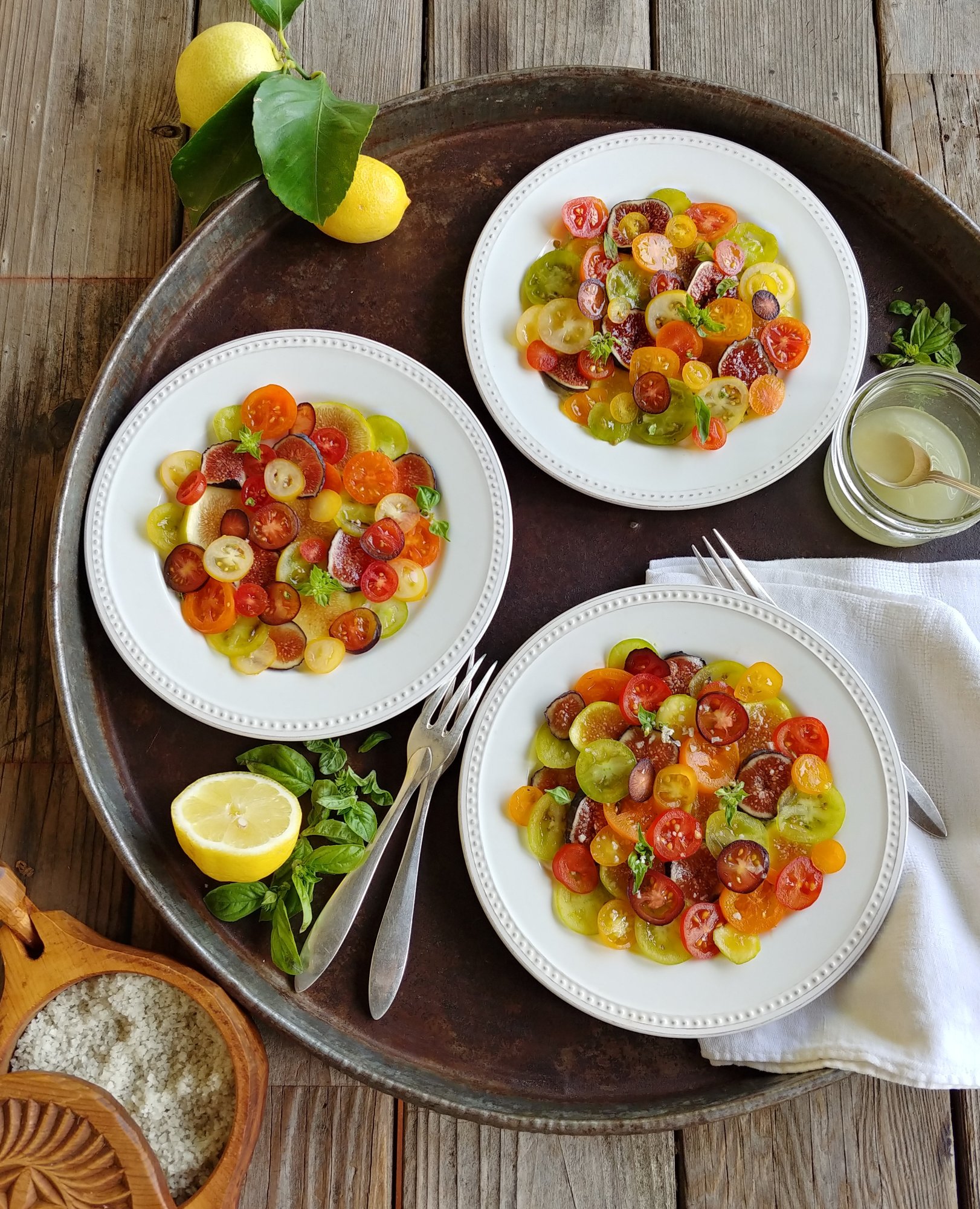 Fig and Cherry Tomato Mosaic with Goat Cheese Herb Crema